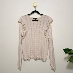 Ann Taylor Cream Yellow Ruffle Shoulder Long Sleeve Knit Crewneck Sweater